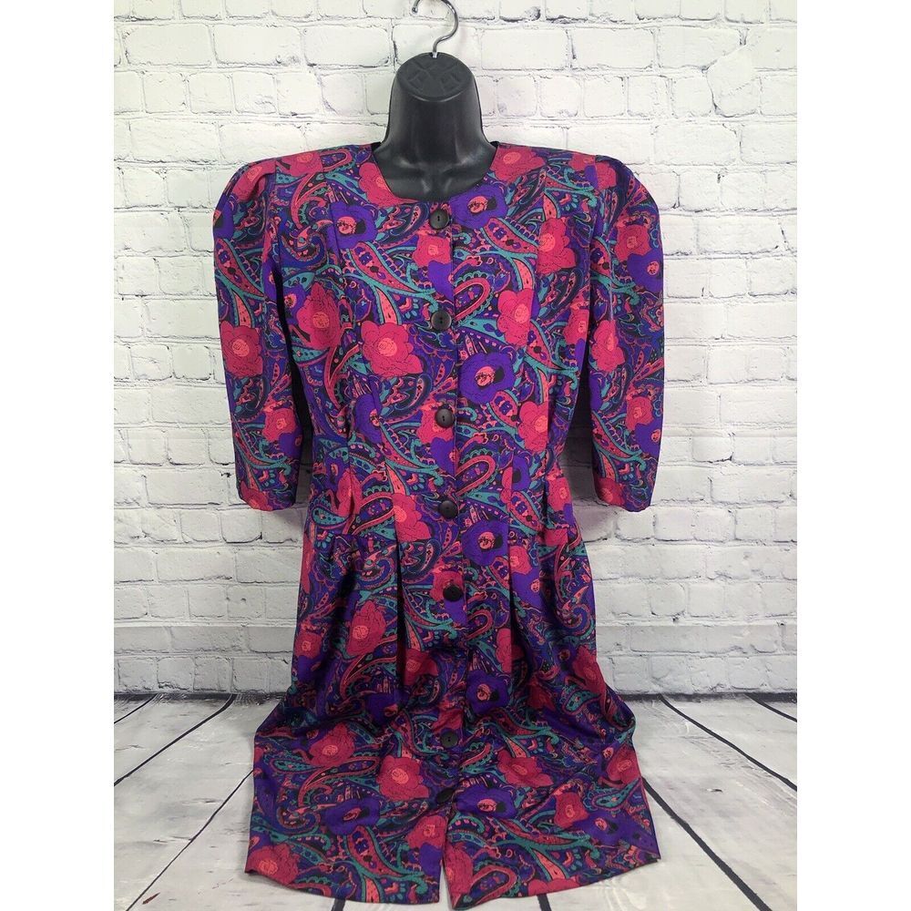 vtg 80's Our's multicolor purpuple pink button front shift dress sz 10 - Picture 1 of 7